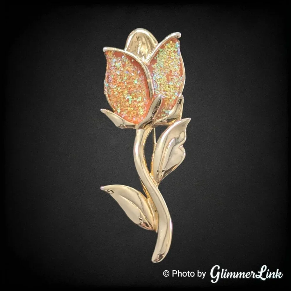 Vintage Peach Enamel Tulip Brooch Gold Tone Glitter Flower Pin